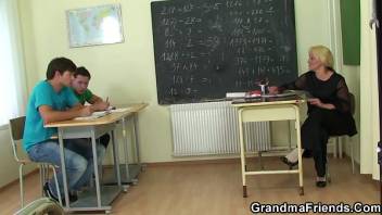 Granny teacher double penetration in the classroom